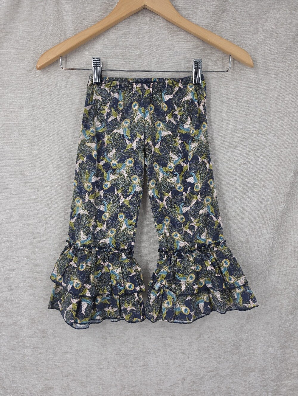 Giggle Moon Navy with Green Pink Peacock Feather Print Ruffle Ankle Pants